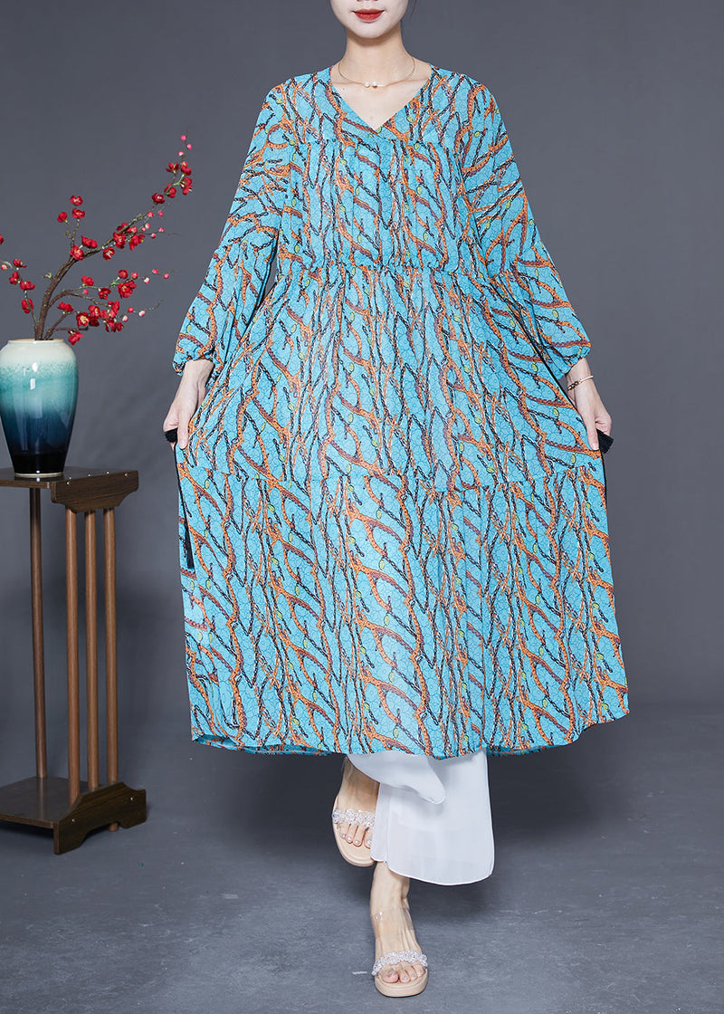 Blue Cinched Print Chiffon Holiday Dress Spring