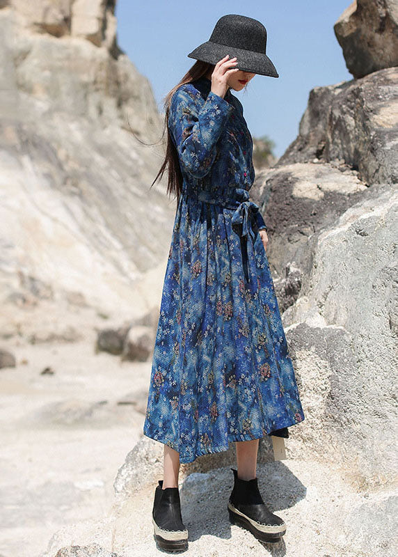 Blue Cinched Print Long Dresses Spring