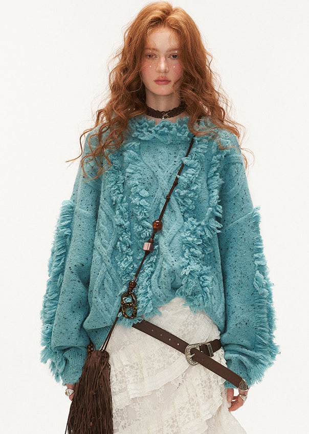 Blue Cold Shoulder Tassel Thick Cotton Knit Sweaters Winter