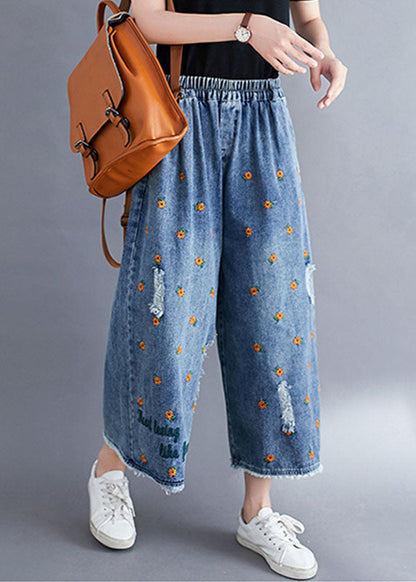 Blue Daisy Embroideried Pockets Cotton Denim Straight Pants Summer