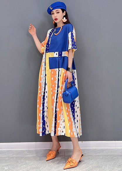 Blue Dot Print Patchwork Cotton Pleated Long Dress Short Sleeve