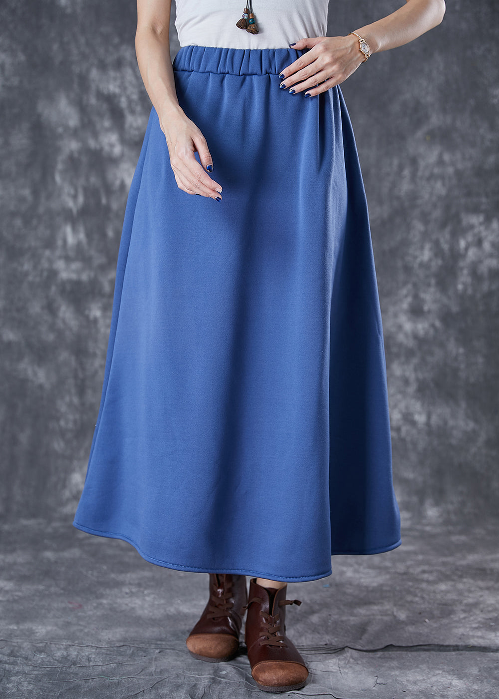 Blue Elastic Waist Cotton a Line Skirts Fall
