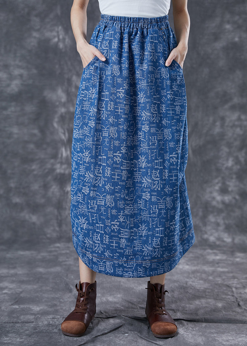 Blue Elastic Waist Print Denim Skirts Summer