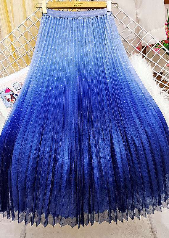 Blue Elastic Waist Sequins Gradient Color Tulle Pleated Skirt Spring