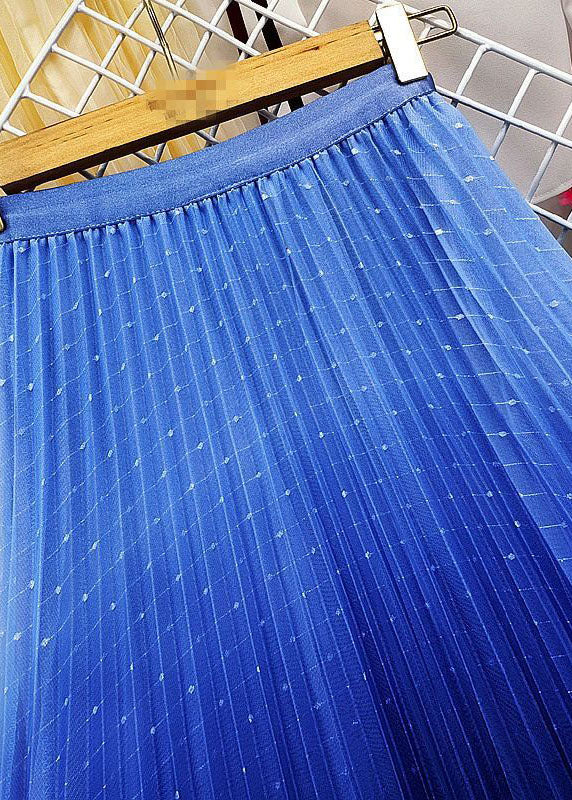Blue Elastic Waist Sequins Gradient Color Tulle Pleated Skirt Spring