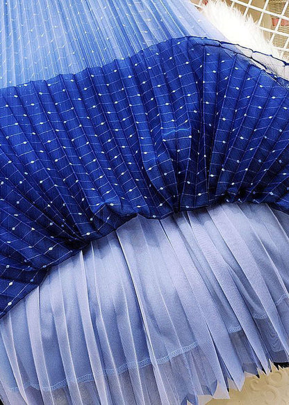 Blue Elastic Waist Sequins Gradient Color Tulle Pleated Skirt Spring