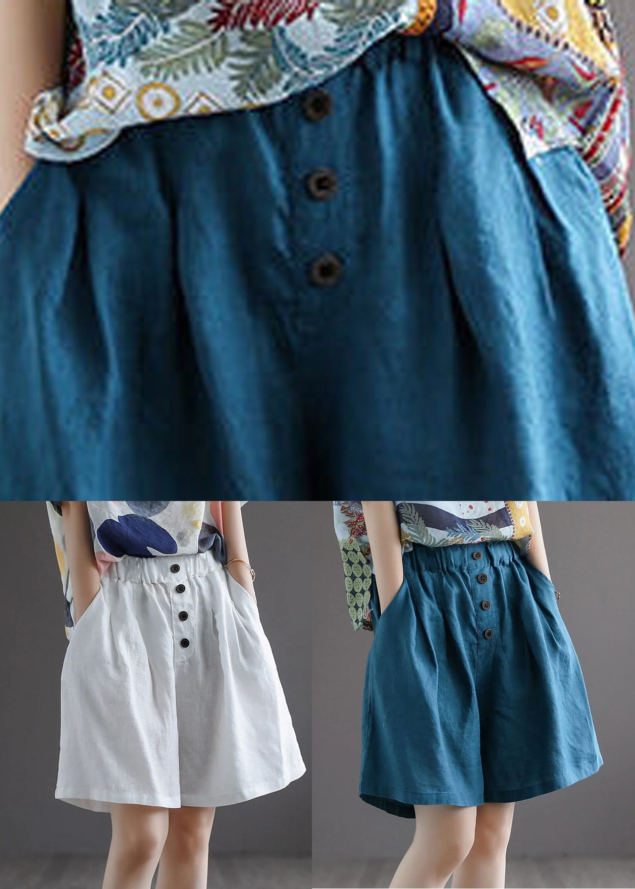Blue Elastic Waist Shorts Summer