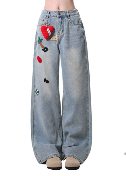 Blue Embroidered Pockets Denim Pants Spring