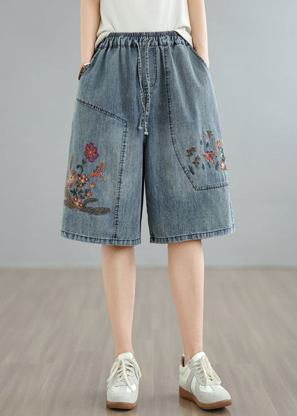 Blue Embroidered Pockets Denim Shorts Summer