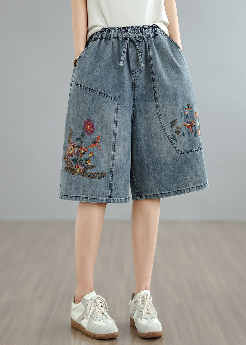 Blue Embroidered Pockets Denim Shorts Summer
