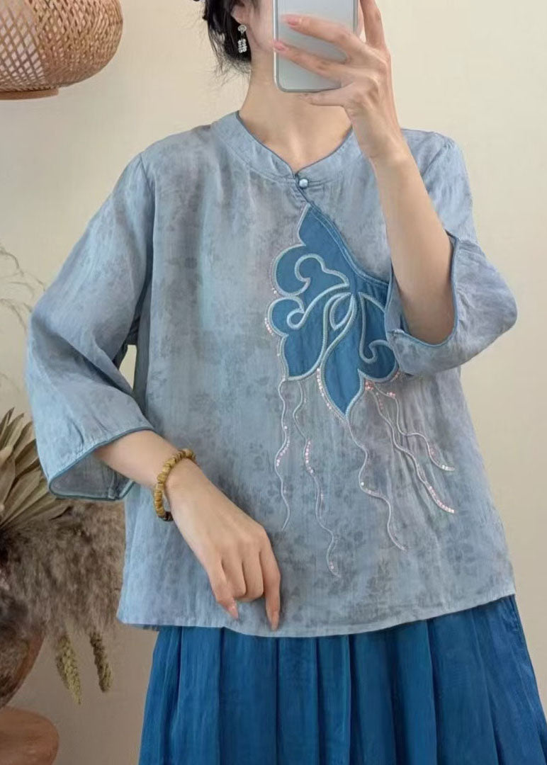 Blue Embroidered Sequins Linen Shirt Tops Summer