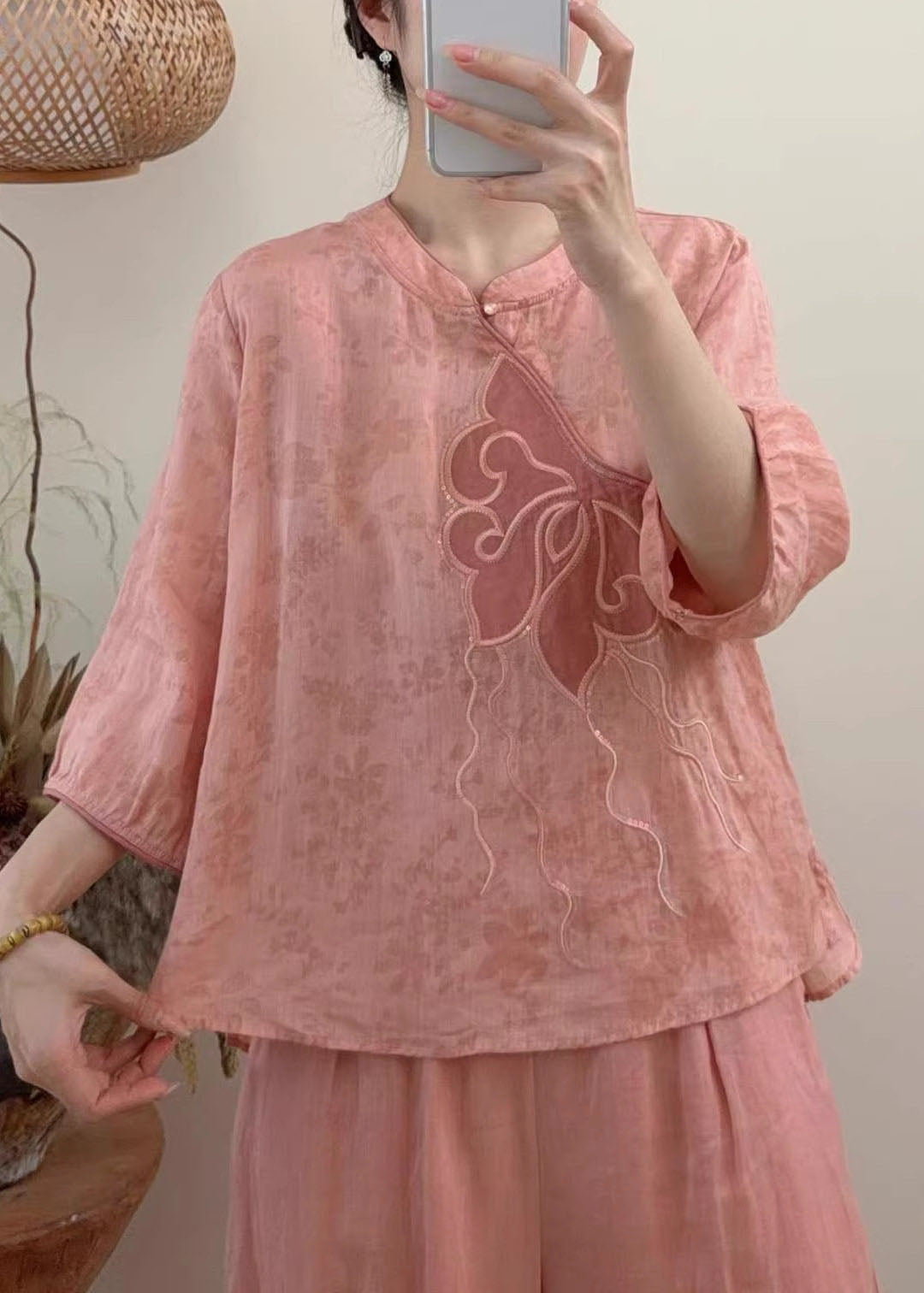 Blue Embroidered Sequins Linen Shirt Tops Summer