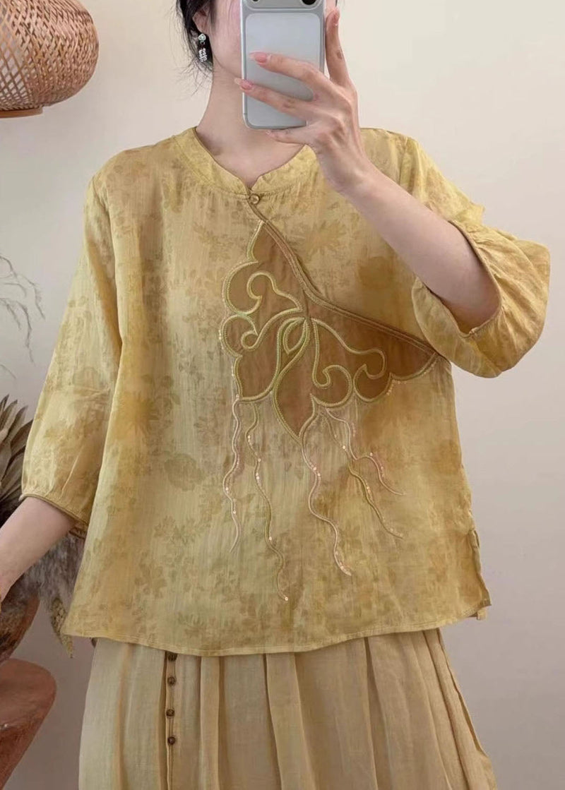 Blue Embroidered Sequins Linen Shirt Tops Summer