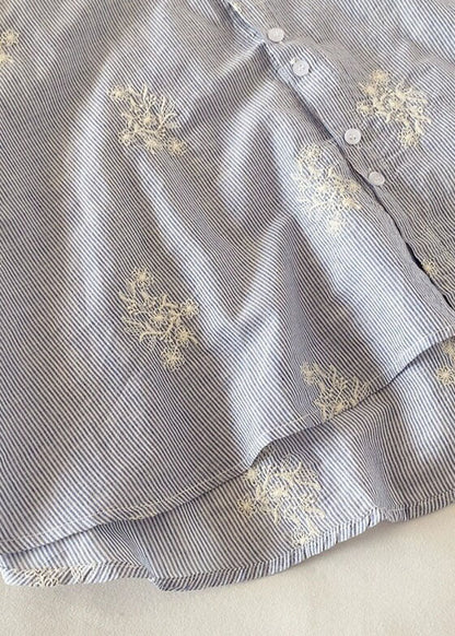Blue Embroidered Striped Cotton Top Half Sleeve
