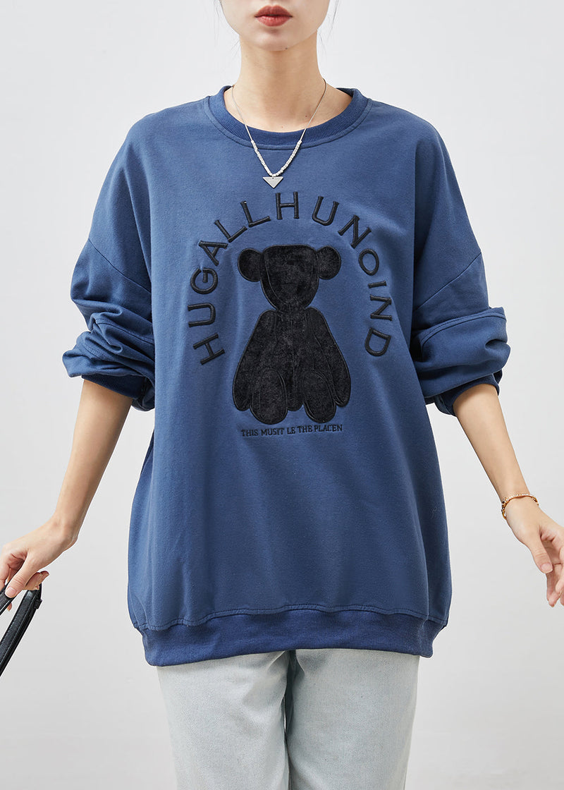 Blue Embroideried Oversized Cotton Pullover Spring