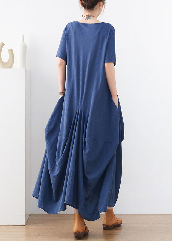 Blue Exra Large Hem Pockets Cotton Long Dresses Short Sleeve