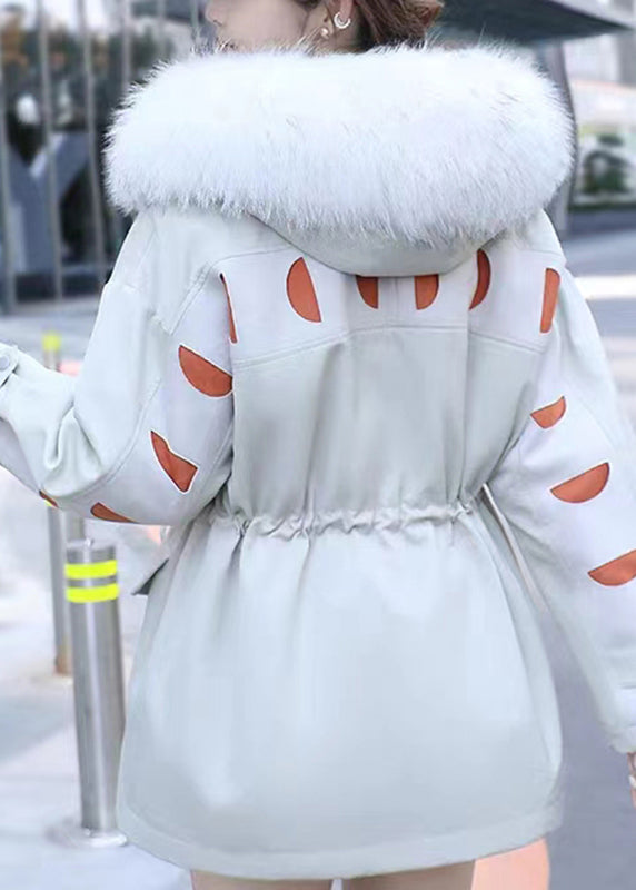 Blue Fur Collar Drawstring Pockets Patchwork Parka Long Sleeve