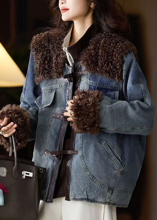 Blue Fur Patchwork Denim Fine Cotton Filled Jacket Winter