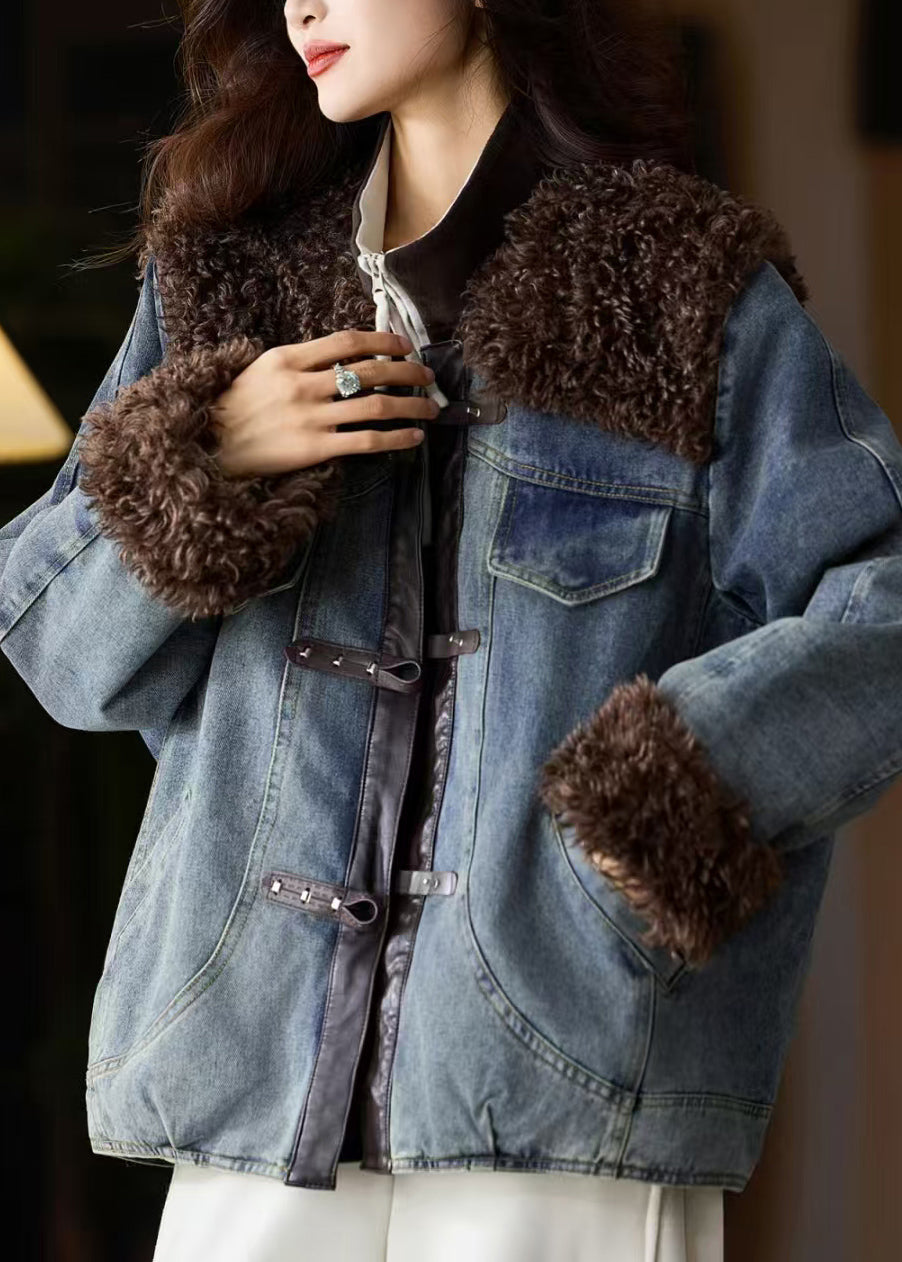 Blue Fur Patchwork Denim Fine Cotton Filled Jacket Winter