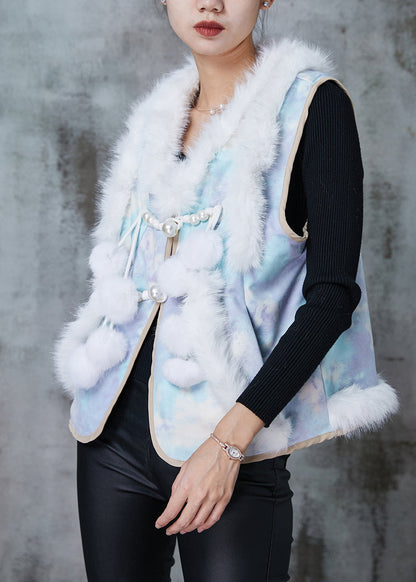 Blue Fuzzy Ball Decorated Patchwork Cotton Vest Tops Spring