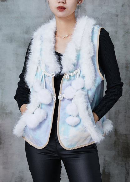 Blue Fuzzy Ball Decorated Patchwork Cotton Vest Tops Spring