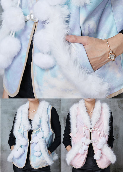 Blue Fuzzy Ball Decorated Patchwork Cotton Vest Tops Spring