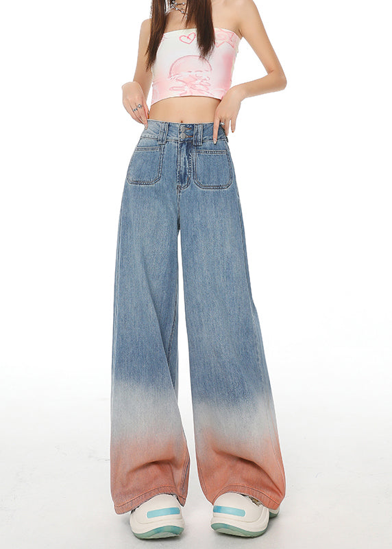 Blue Gradient Pockets Denim Wide Leg Pants Fall