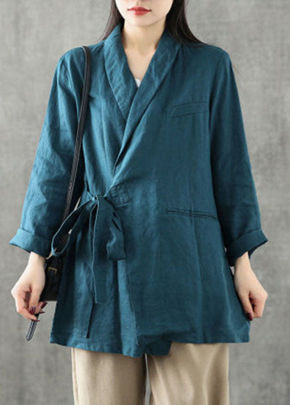 Blue Green Peter Pan Collar Tie Waist Linen Coats Long Sleeve