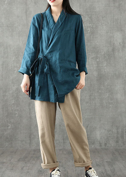 Blue Green Peter Pan Collar Tie Waist Linen Coats Long Sleeve
