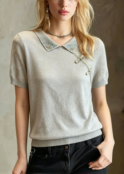 Blue Grey Peter Pan Collar Zircon Nail Bead Knit T Shirt Summer