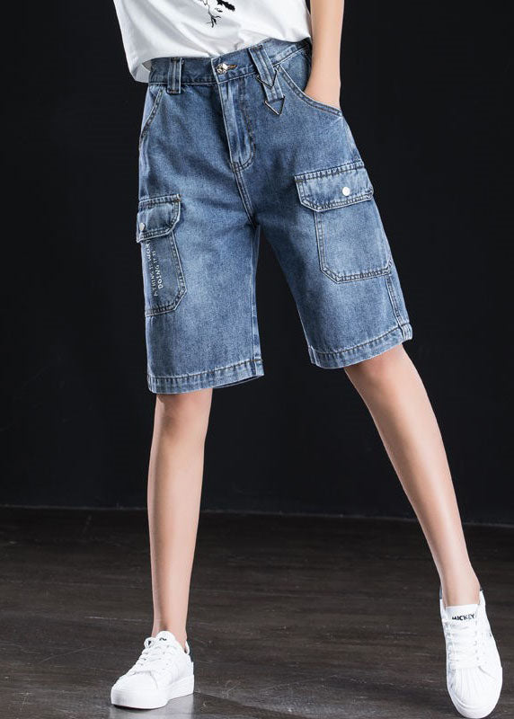 Blue High Waist Oversized Pockets Cotton Straight Shorts Summer