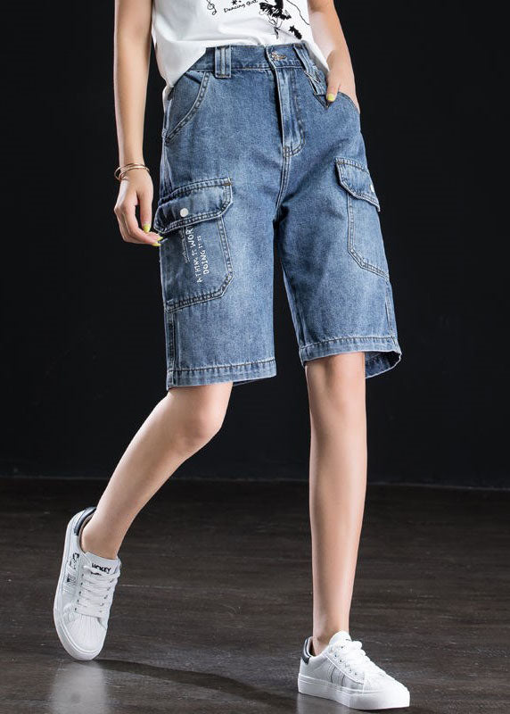Blue High Waist Oversized Pockets Cotton Straight Shorts Summer