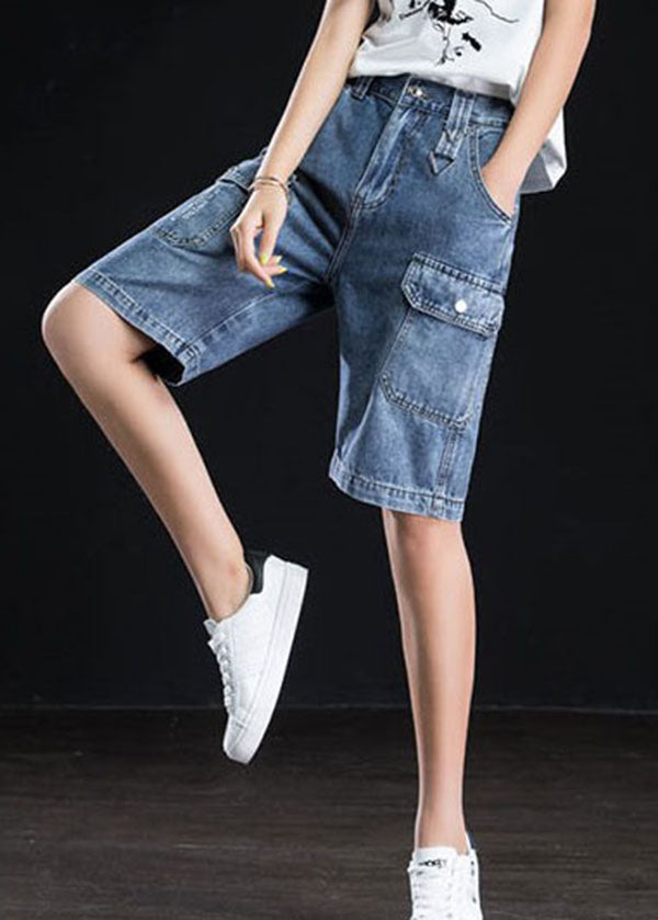 Blue High Waist Oversized Pockets Cotton Straight Shorts Summer