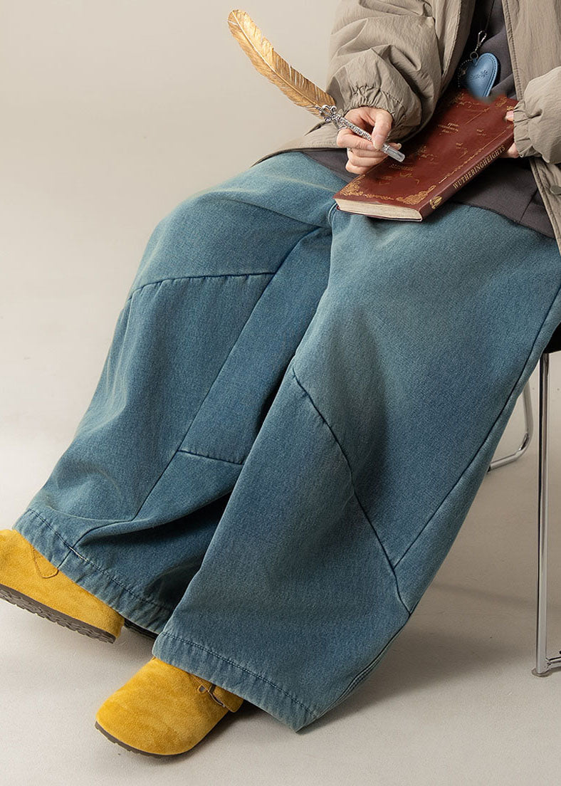 Blue High Waist Patchwork Wide Leg Pants Spring