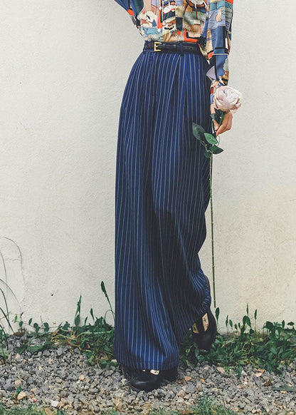 Blue High Waist Striped Draping Wide Leg Pants Spring