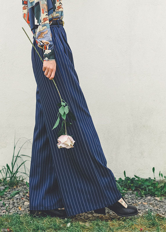 Blue High Waist Striped Draping Wide Leg Pants Spring