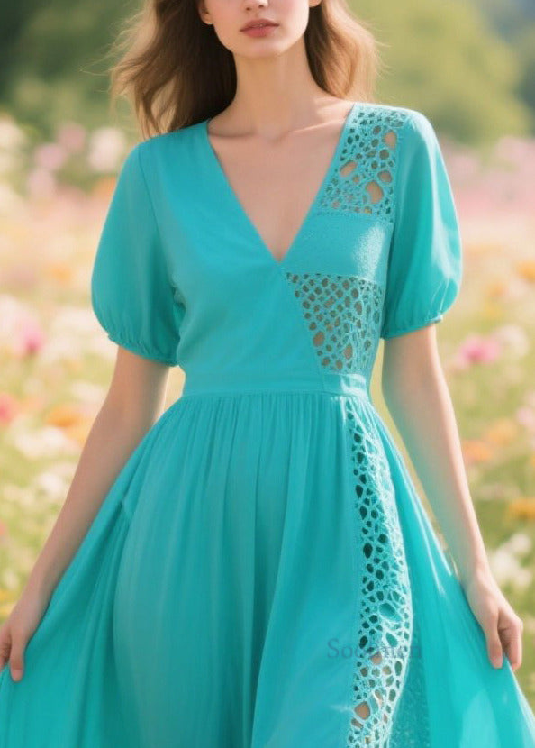 Blue Hollow Out Patchwork Cotton Long Dresses Summer