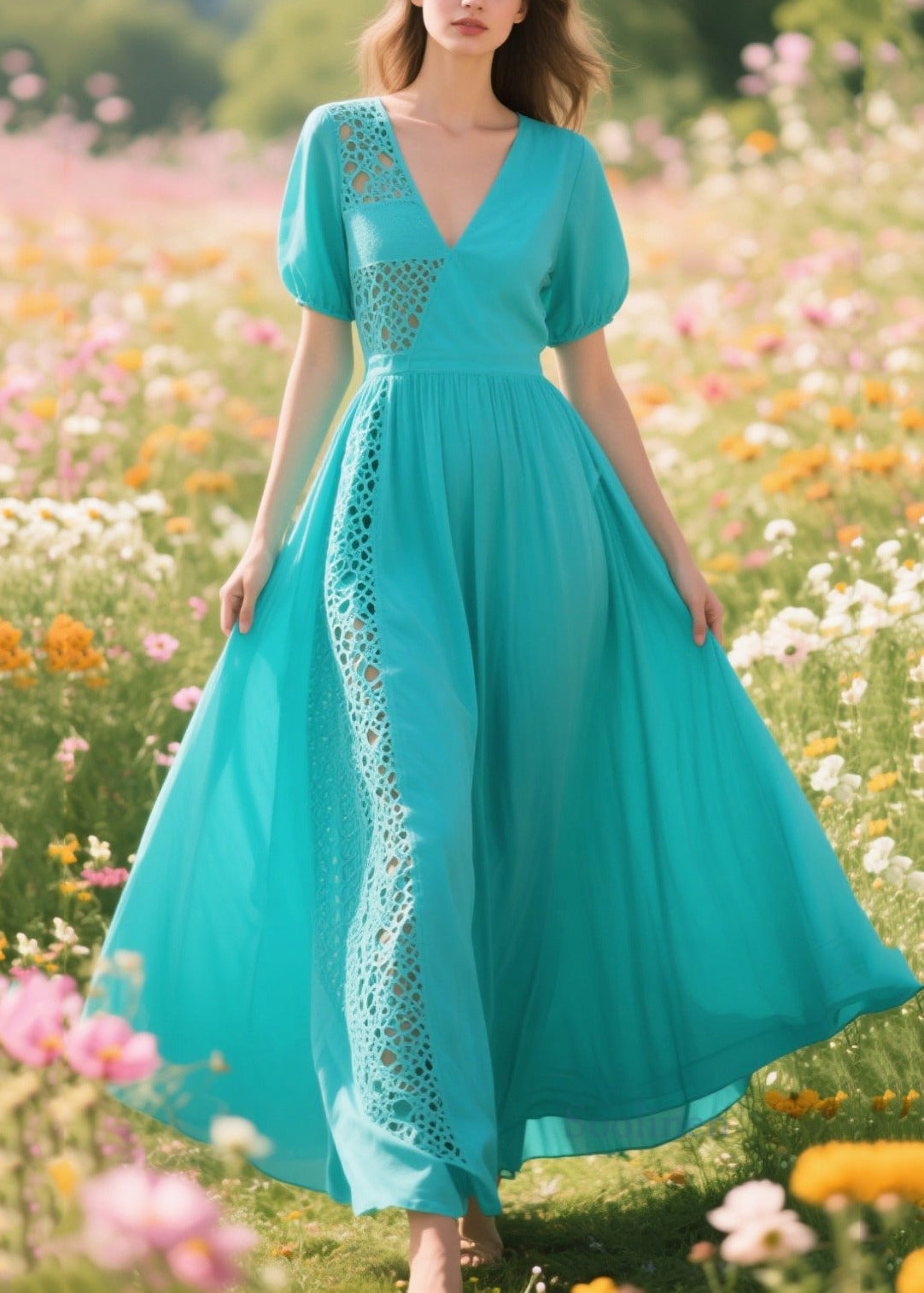 Blue Hollow Out Patchwork Cotton Long Dresses Summer