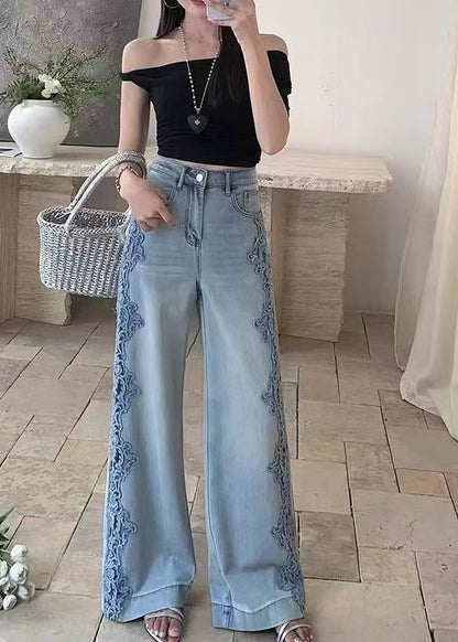 Blue Hollow Out Patchwork Lace Denim Straight Pants Fall