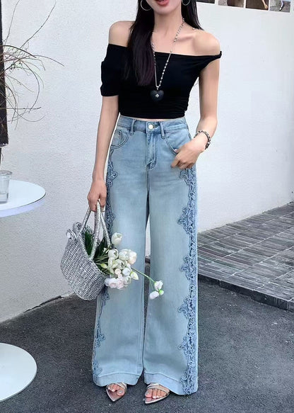 Blue Hollow Out Patchwork Lace Denim Straight Pants Fall