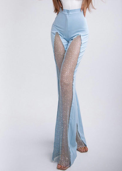 Blue Hollow Out Patchwork Tulle Bell-bottom Trousers Spring