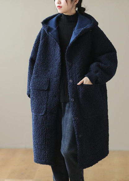Blue Hooded Button Faux Fur Winter Coat