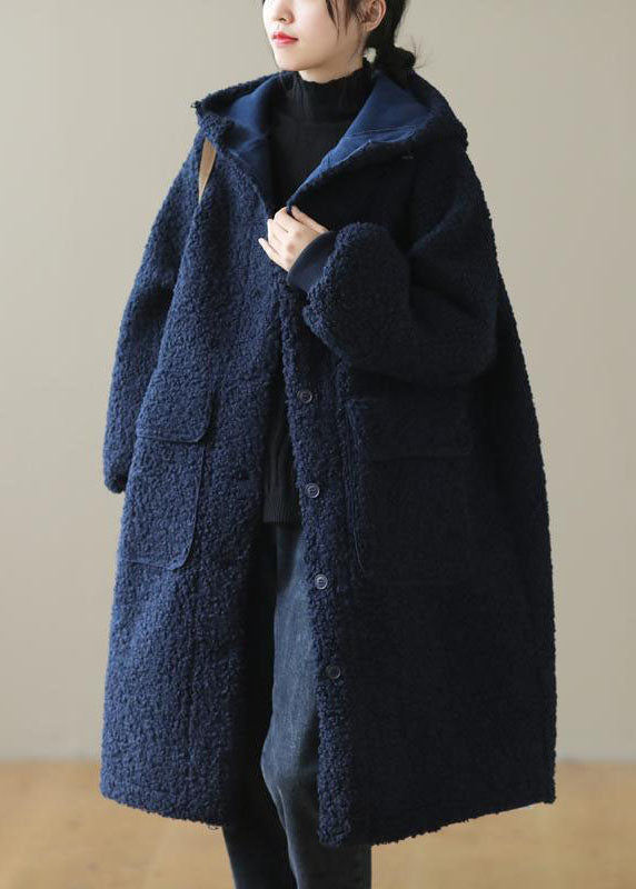 Blue Hooded Button Faux Fur Winter Coat