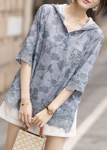 Women Blue Hooded Patchwork Lace Loose Sweatshirt Summer