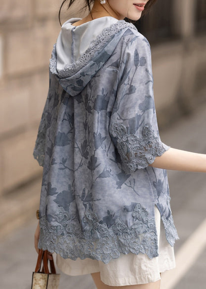 Women Blue Hooded Patchwork Lace Loose Sweatshirt Summer