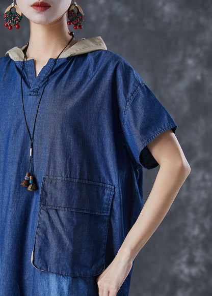 Blue Hooded Patchwork Pocket Denim Mid Dress Summer
