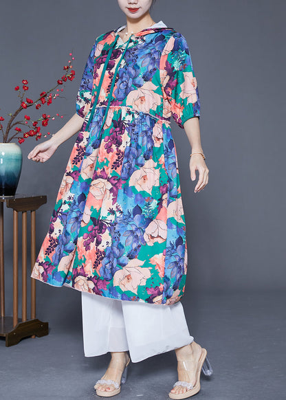 Blue Hooded Ruffled Print Silk Maxi Dresses Summer