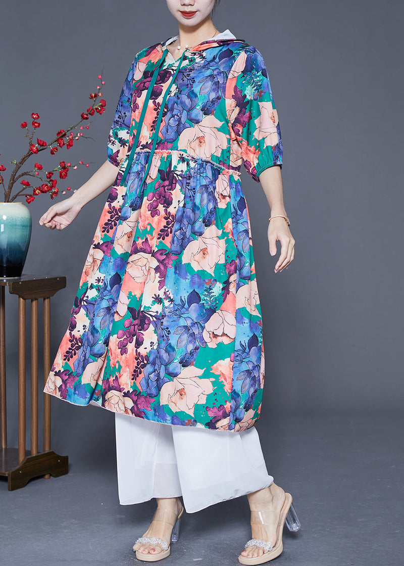 Blue Hooded Ruffled Print Silk Maxi Dresses Summer