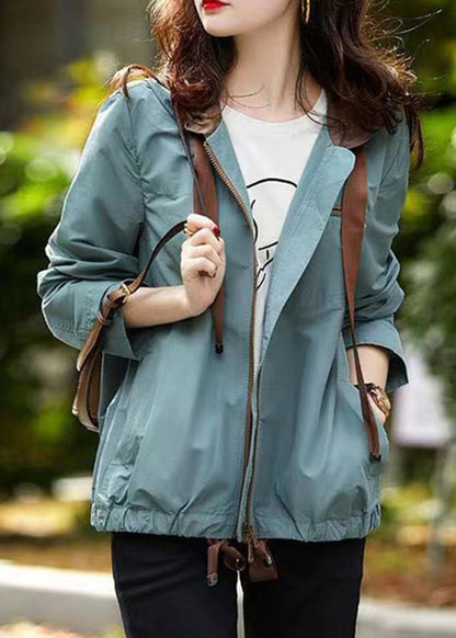 Blue Hooded Zippered Pockets Cotton Coat Fall