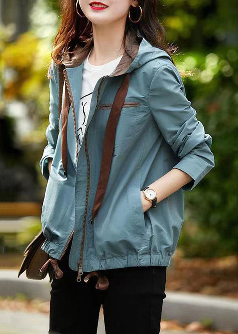 Blue Hooded Zippered Pockets Cotton Coat Fall